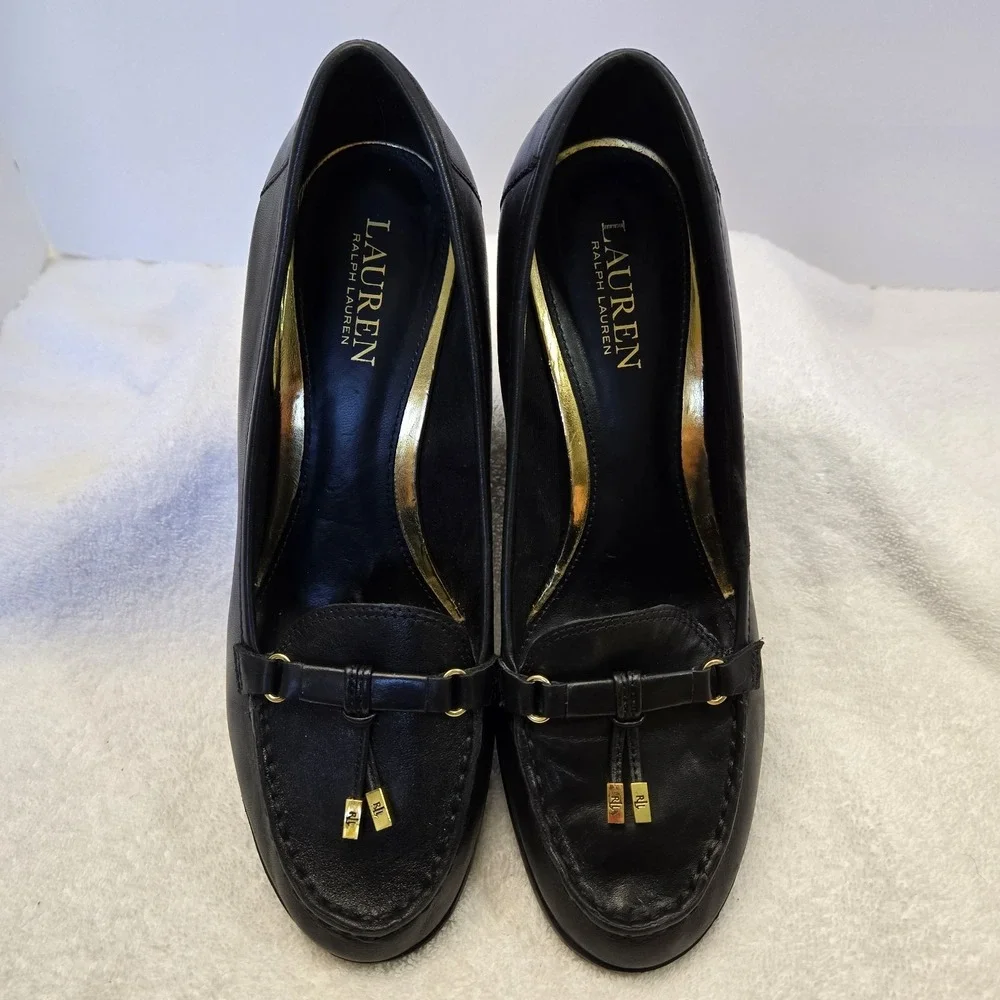 Lauren Ralph Lauren Rory Black  Leather Tassel Loafer Wedge Heels Women 9.5 B